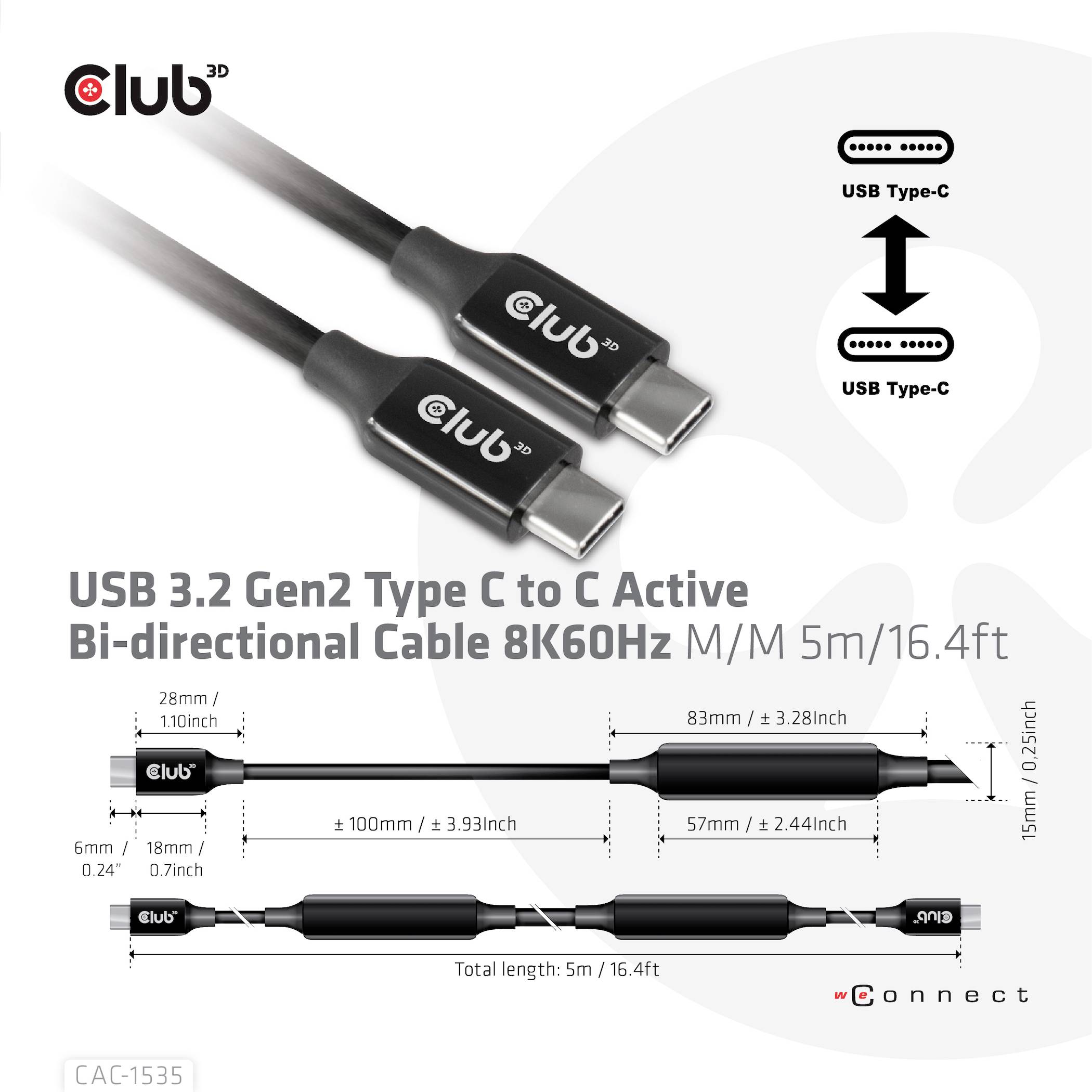 'Club 3.2 Gen2 USB Type-C dubbelriktad kabel.' Två kontakter märkta 'USB Type-C', 5 m längd, 8K60Hz.