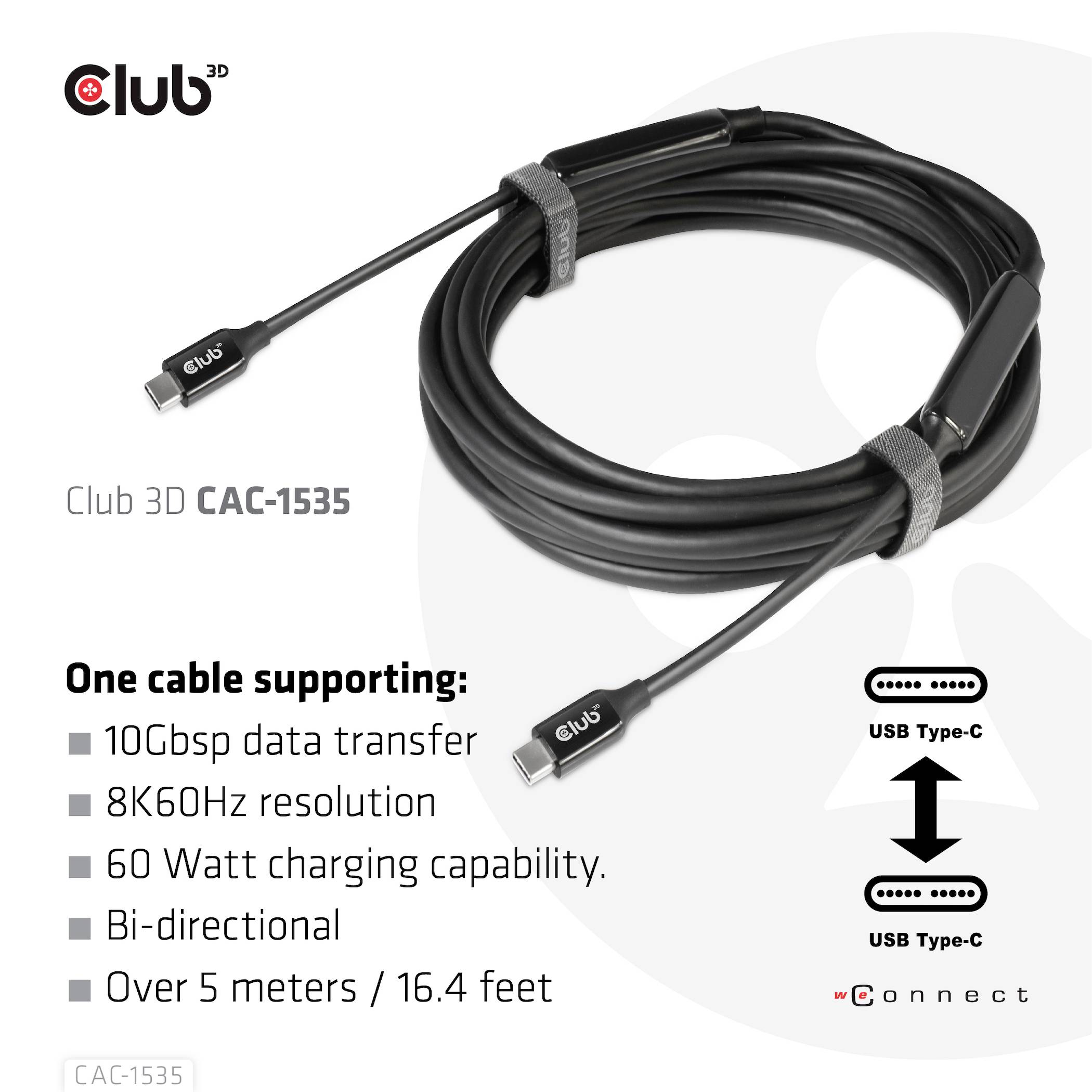 Ett svart USB-C-kabel med 5 meters längd. Stöder dataöverföring upp till 10 Gbps, 8K60Hz-upplösning och 60 watts laddningseffekt.