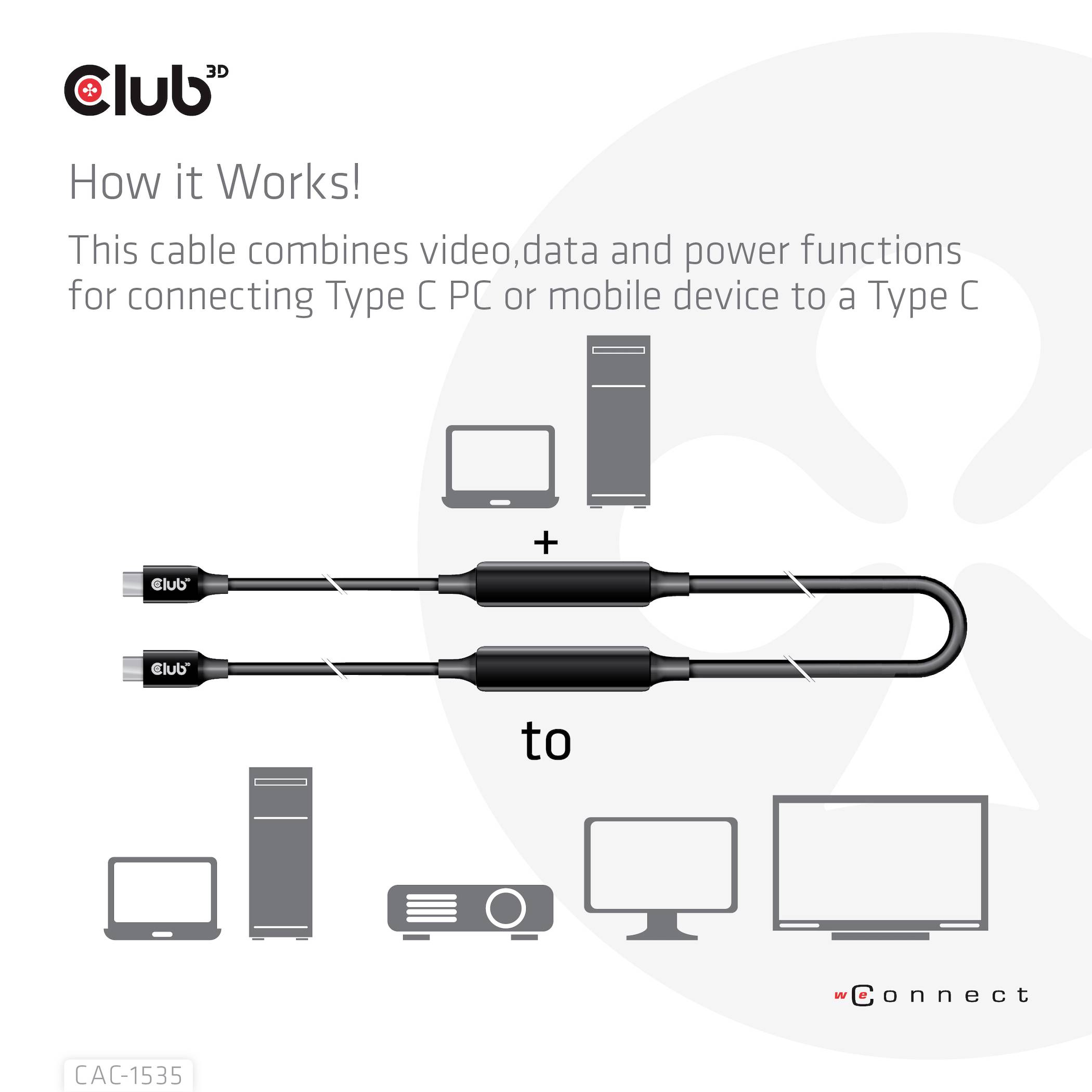 Instruktion för användning av en 3-i-1-kabel: Anslut en typ-C-dator eller -enhet med typ-C-kontakt för video-, data- och strömöverföring.