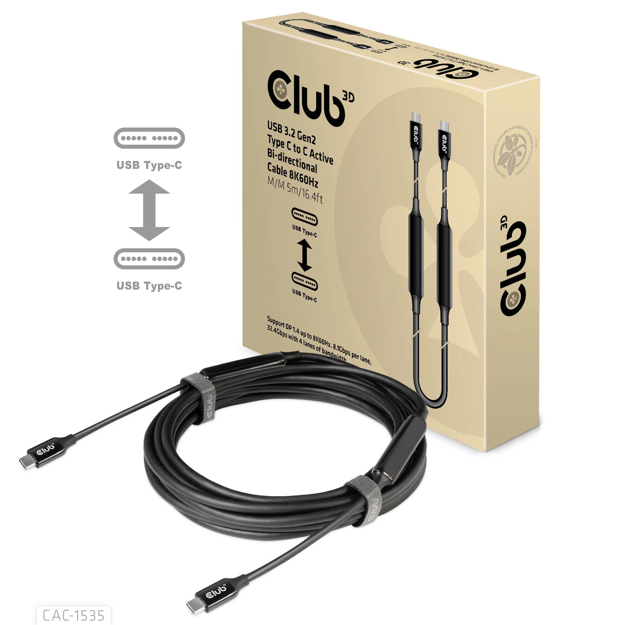 'Club 3D USB 3.2 Gen2 Type-C Kabel'. Visar förpackning och kabel med två anslutningar. Kompatibel med USB Type-C-enheter.