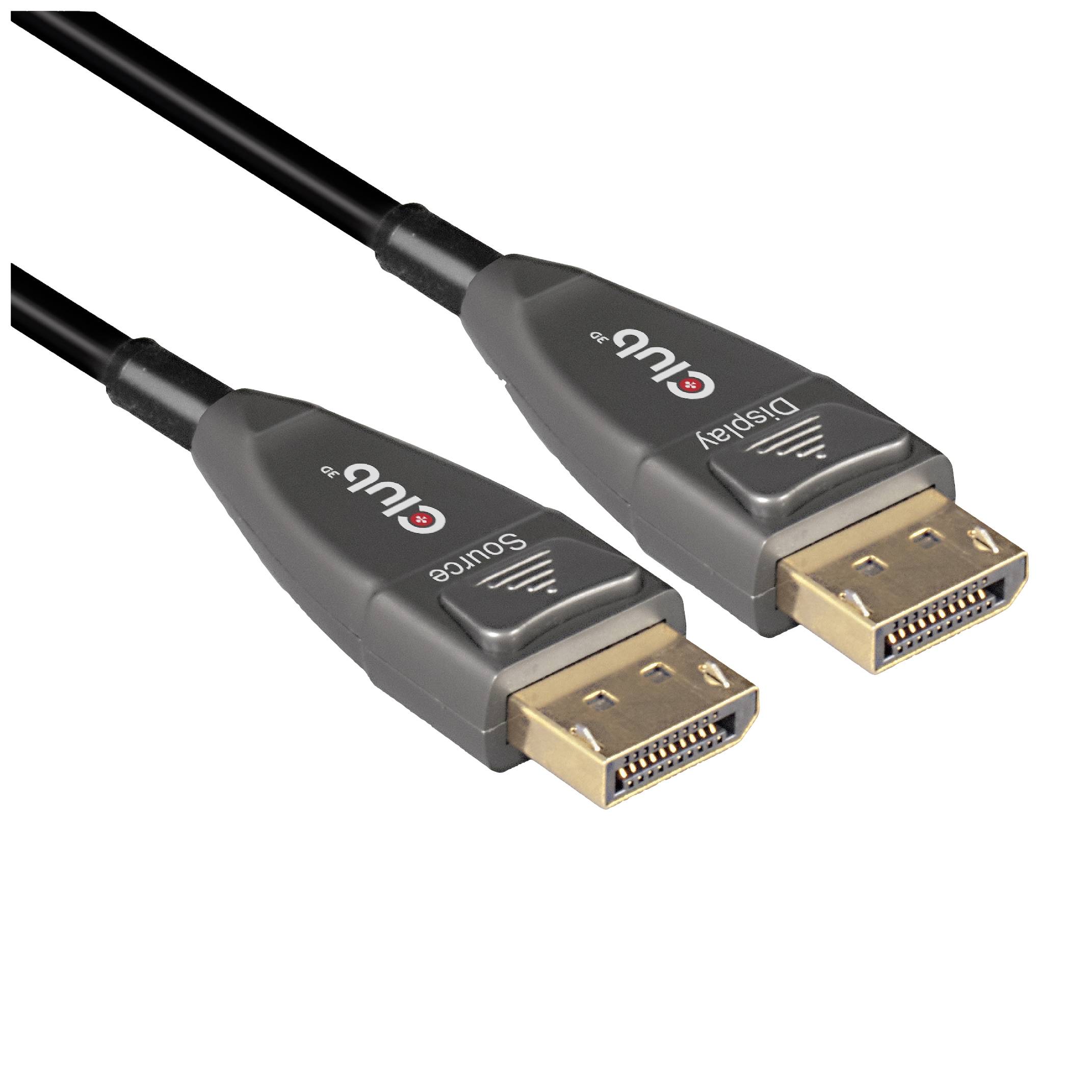 Två DisplayPort-kablar med märkta ändar 'Source' och 'Display'. Lämpliga för anslutning mellan elektroniska enheter och skärmar.