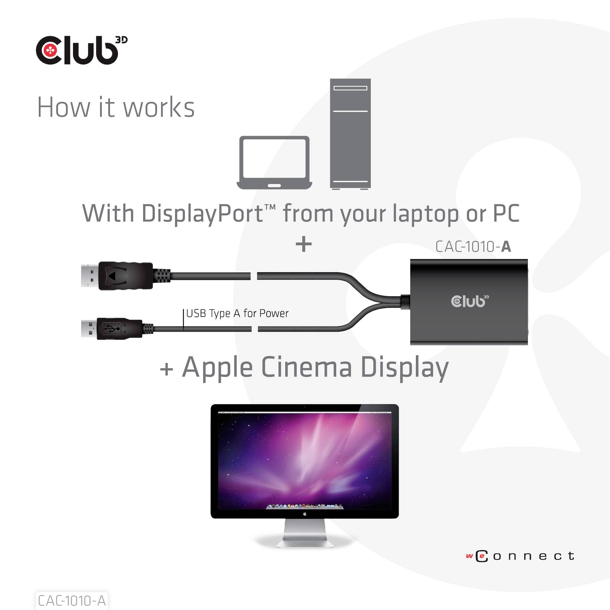 Bilden visar en instruktion för att ansluta en PC till ett Apple Cinema Display via DisplayPort och USB för strömförsörjning.