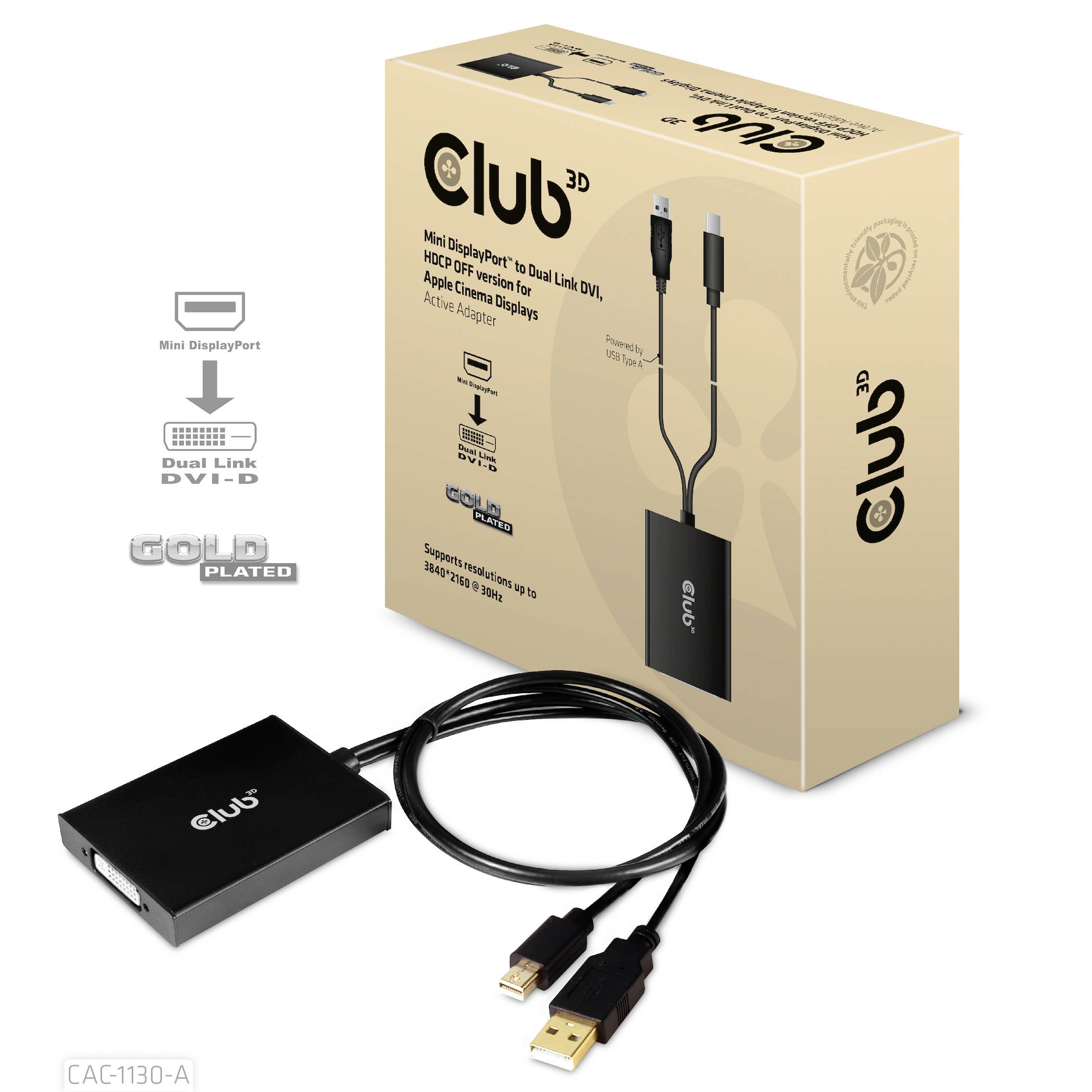 En Club3D-förpackning med Mini DisplayPort till Dual Link DVI-D-adapter, kabel och anslutningar. Stöder HDCP, lämplig för Apple-skärmar.