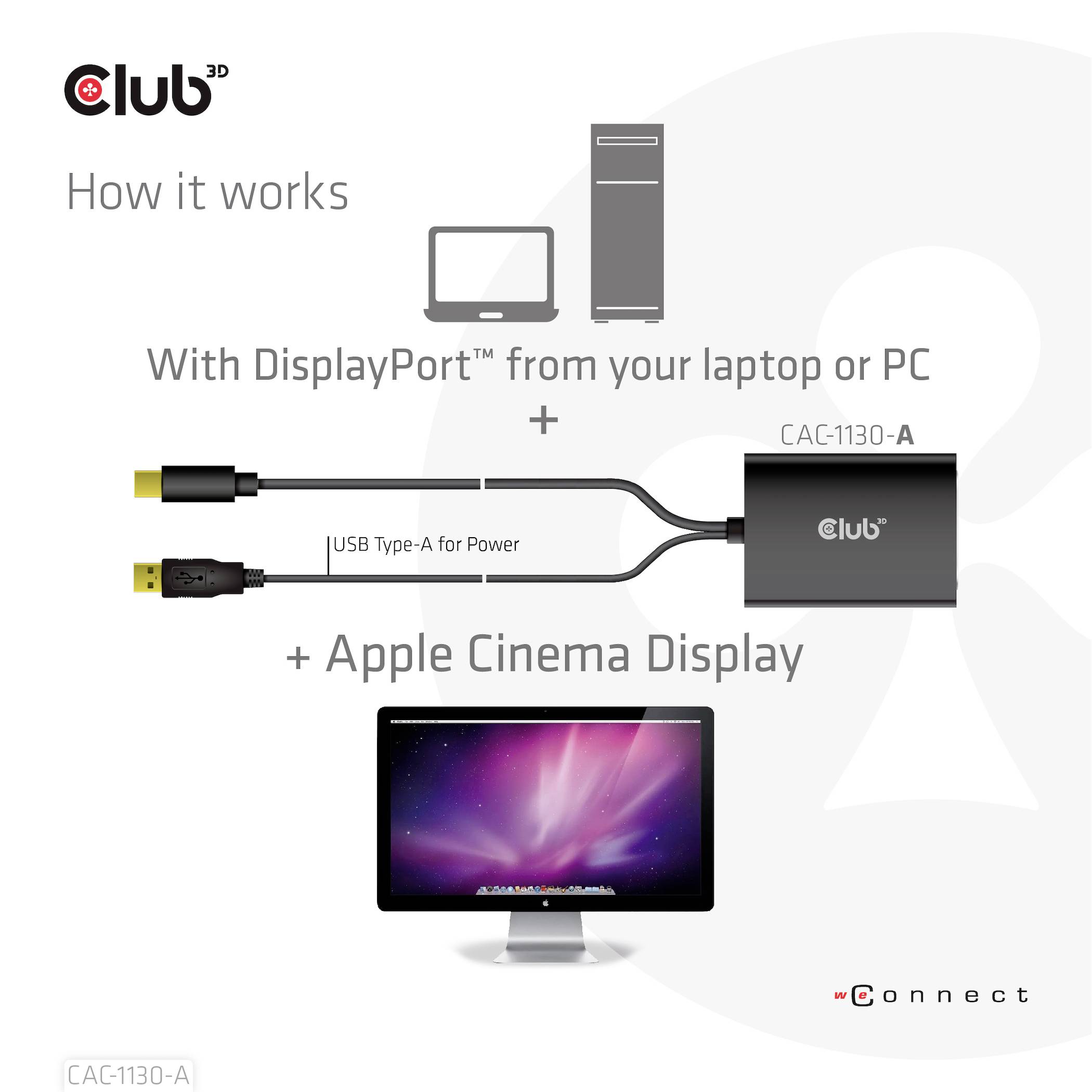 Bilden visar en instruktion för anslutning av en Apple Cinema Display till en PC eller bärbar dator via en DisplayPort och en USB Typ A-kabel för strömförsörjning.