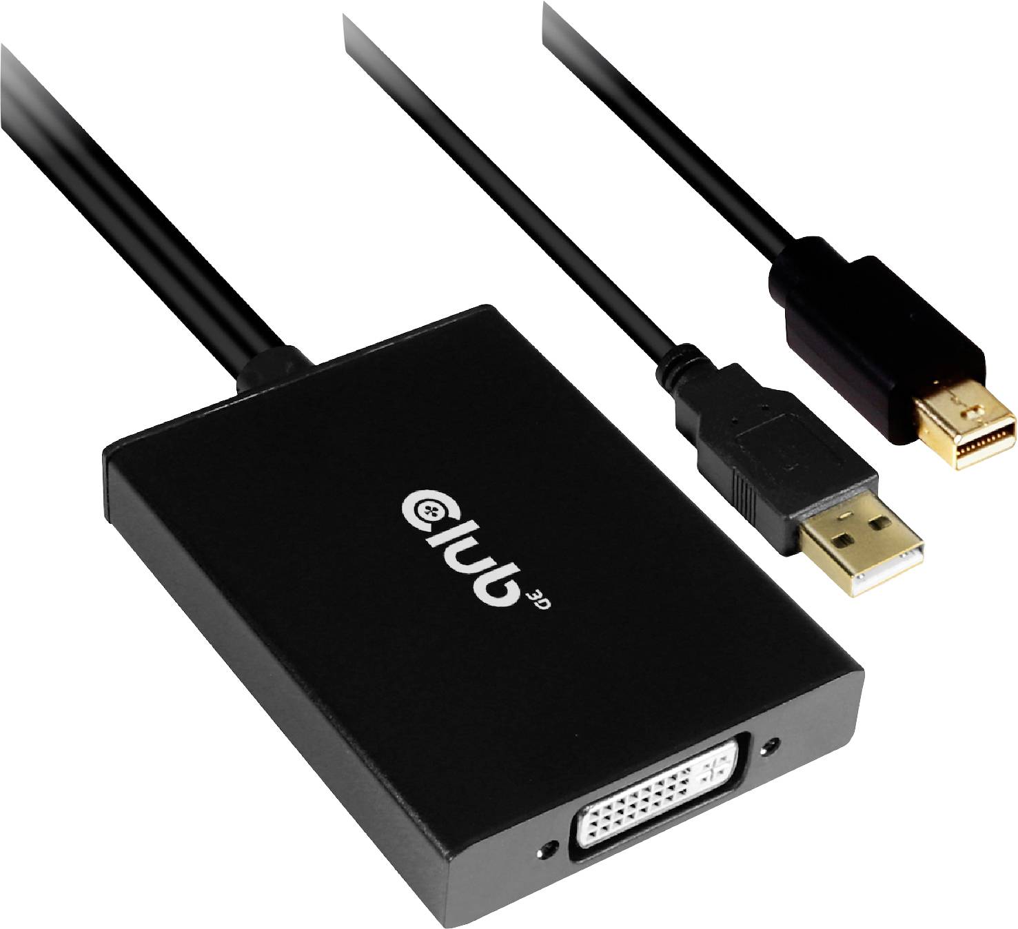 Svart adapter från Club 3D med en DVI-anslutning och två kablar, en med USB-anslutning, den andra med Mini DisplayPort-anslutning.