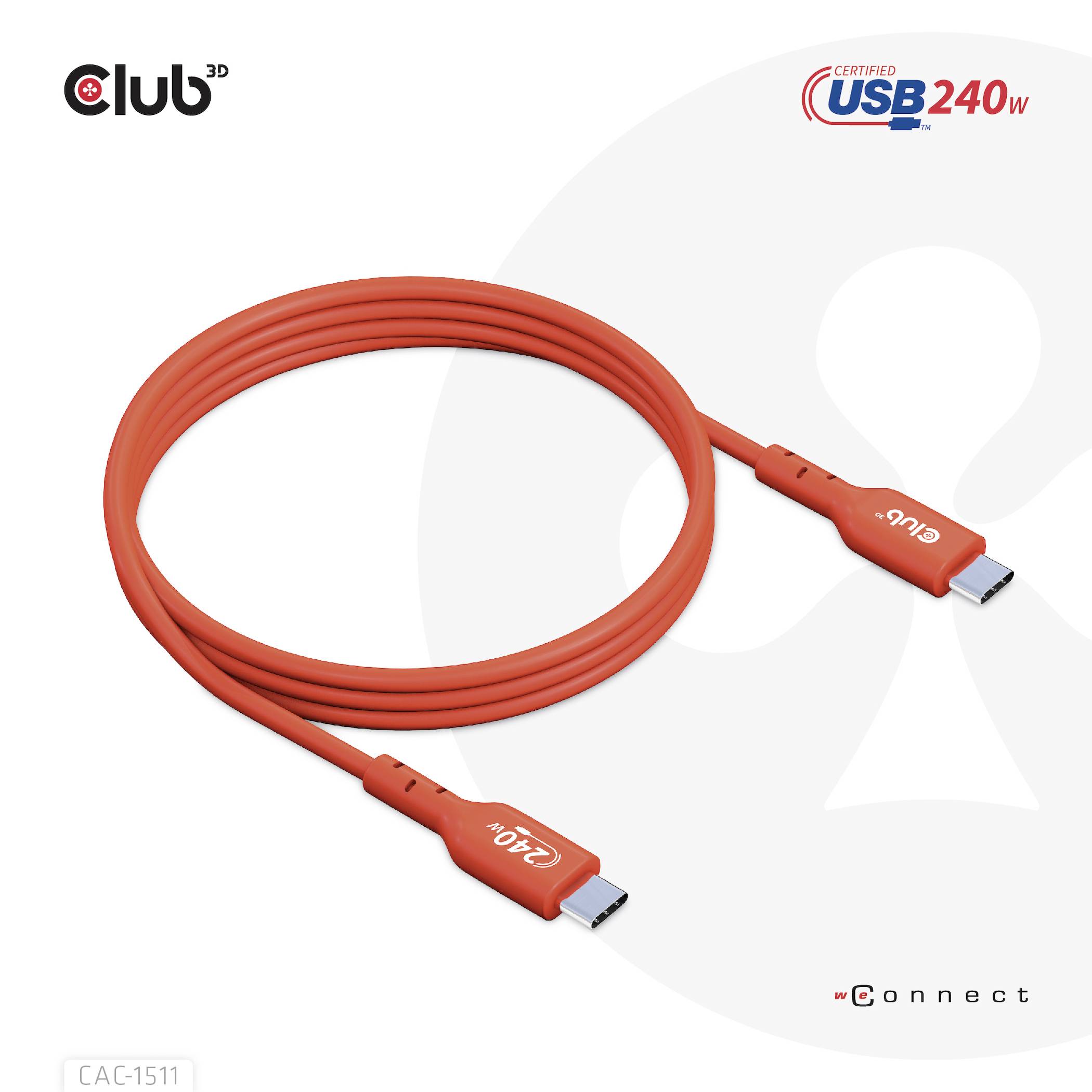 Ett rött USB-kabel märkt med '240 W' och 'Club'. Det stöder en effekt på 240 watt.