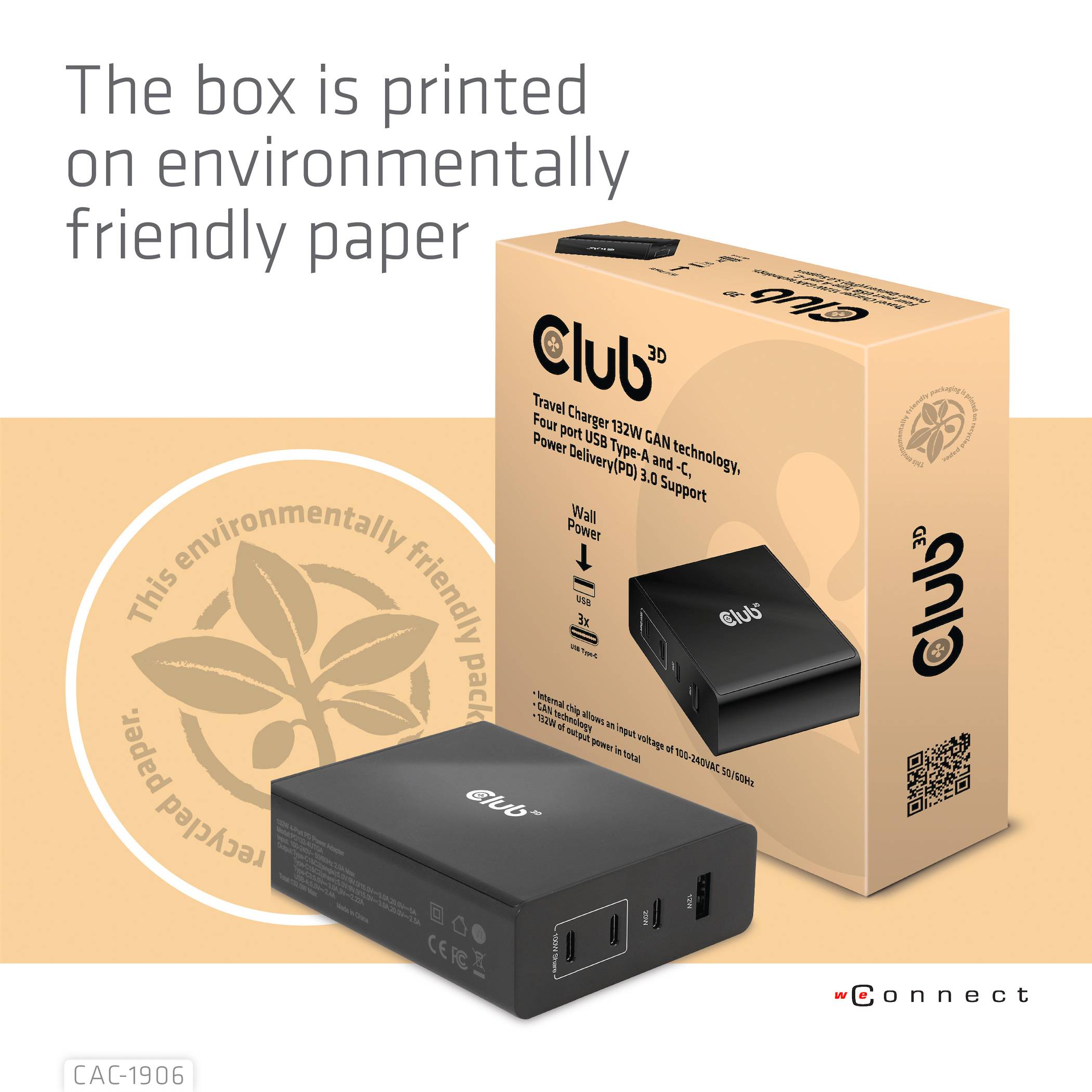 Svart USB-laddare i en miljövänlig förpackning med logotyp 'Club 3D'. Text: 'Lådan är tryckt på miljövänligt papper'.