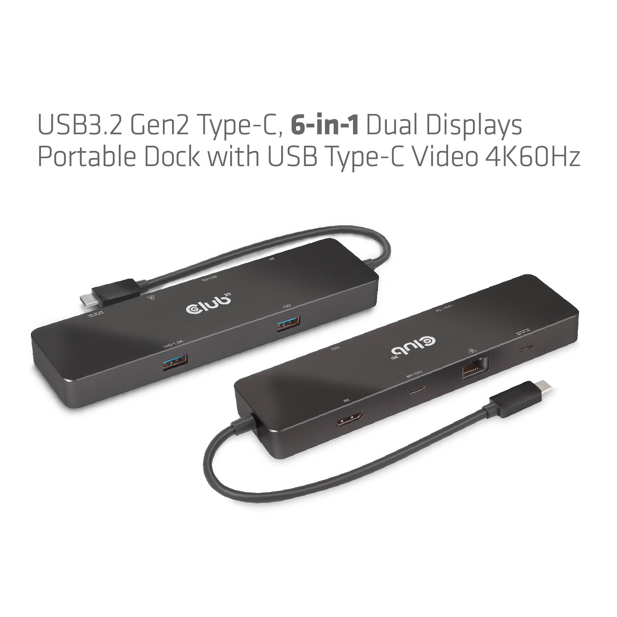 Två svarta USB-dockningsstationer med olika anslutningar för dubbla skärmar och 4K60Hz videoverföring.