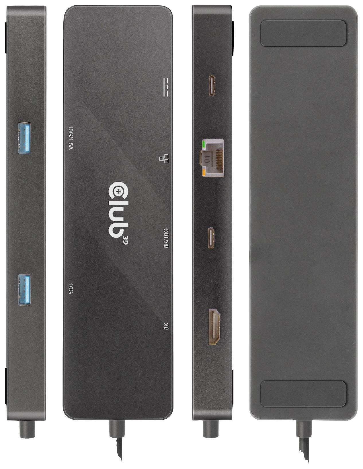 USB-dockningsstation i fyra vyer: Framsida med USB-port, sida med nätverks- och HDMI-anslutningar, baksida och undersida.