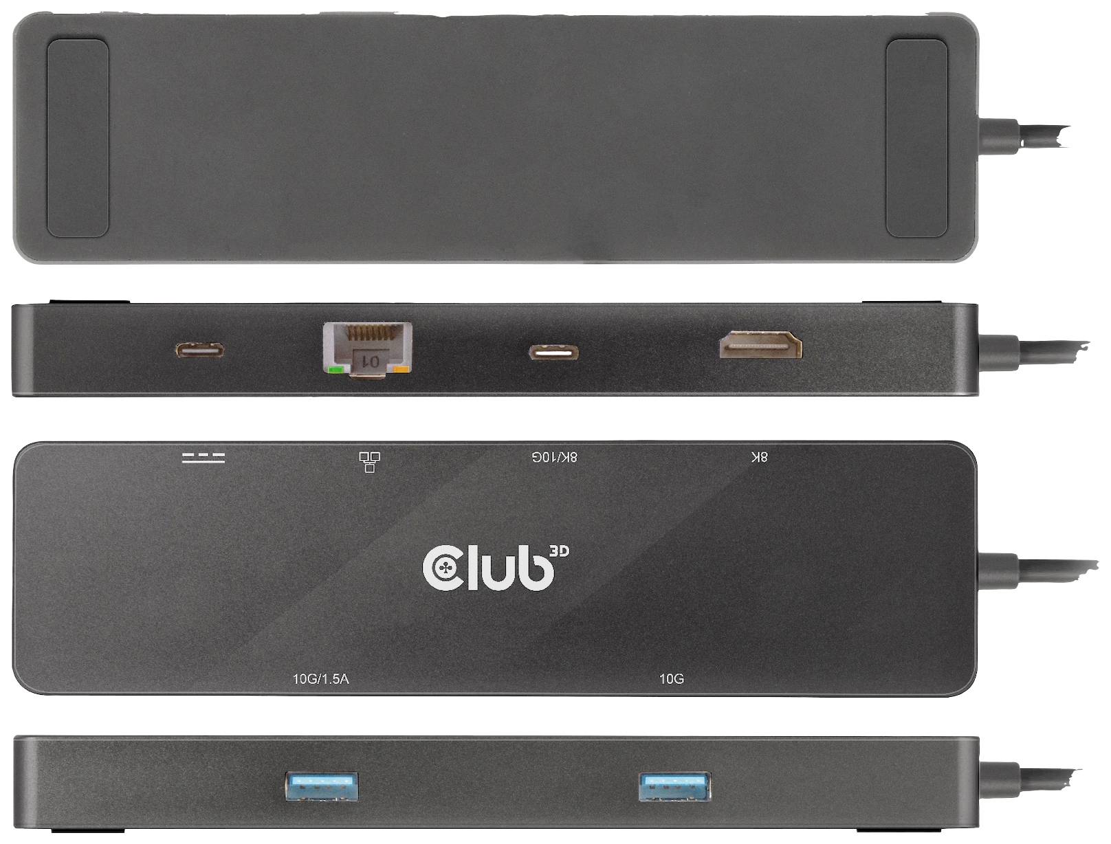 USB-C-dockningsstation med flera anslutningar: Ethernet, HDMI, USB-A, USB-C. Logotyp 'club' på framsidan, kompakt design.