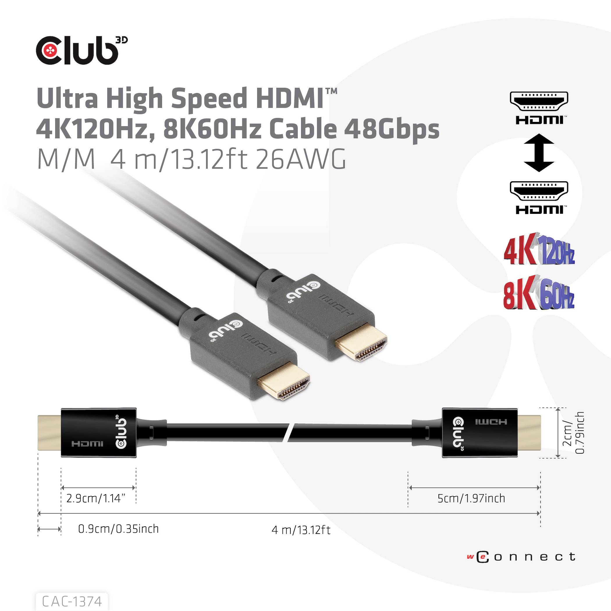 Ultrasnabb HDMI 48Gbps-kabel, 4m, stöder 4K 120Hz, 8K 60Hz. HDMI-kontakt, tekniska specifikationer, produktmärkning.