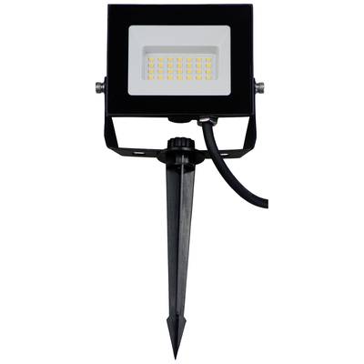 En svart LED-strålkastare med markspjut och kabel. 30 lysande dioder är synliga, lämplig för utomhusbelysning.