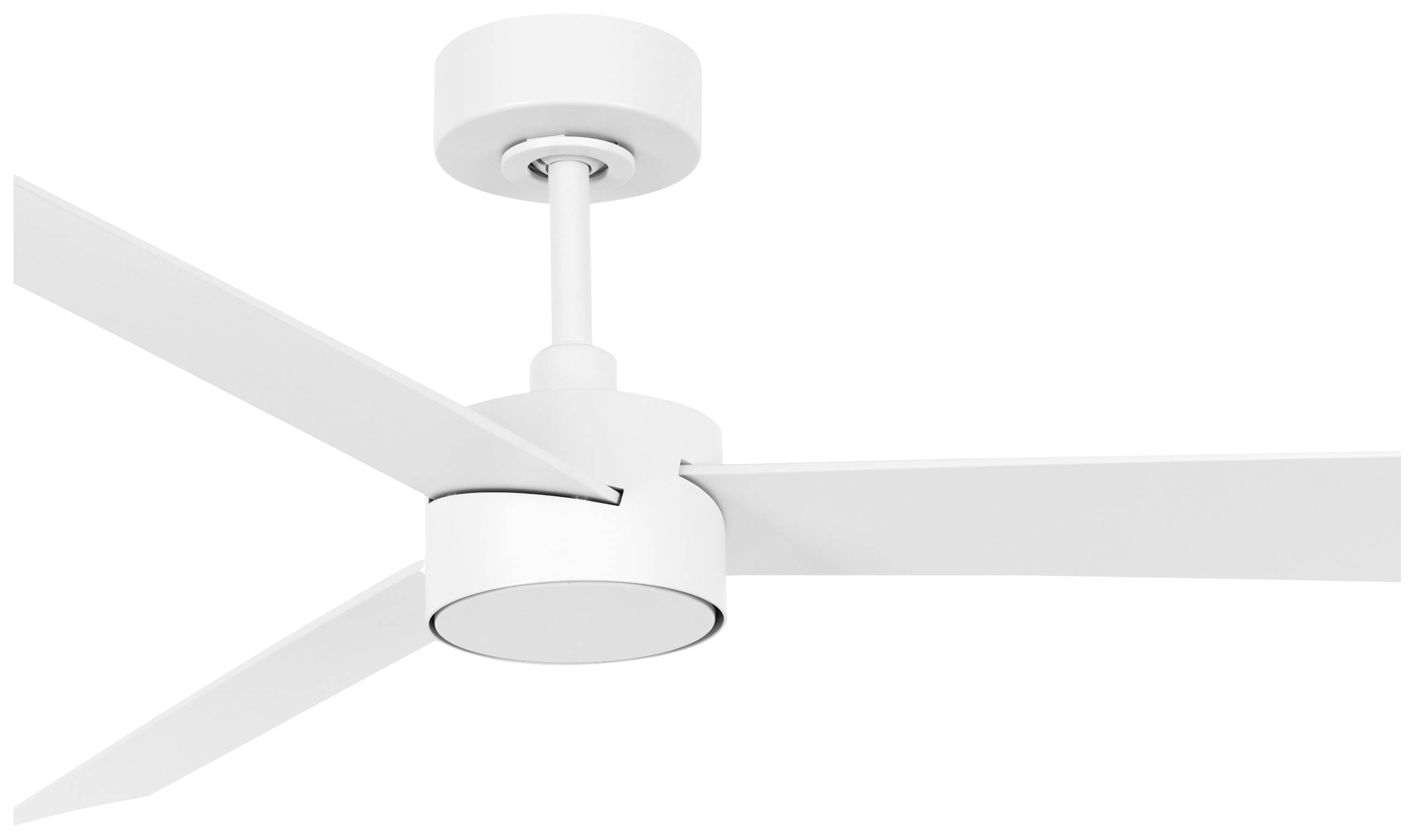 Vit takfläkt med tre vingar och rund fäste, neutralt designad för moderna interiörer.