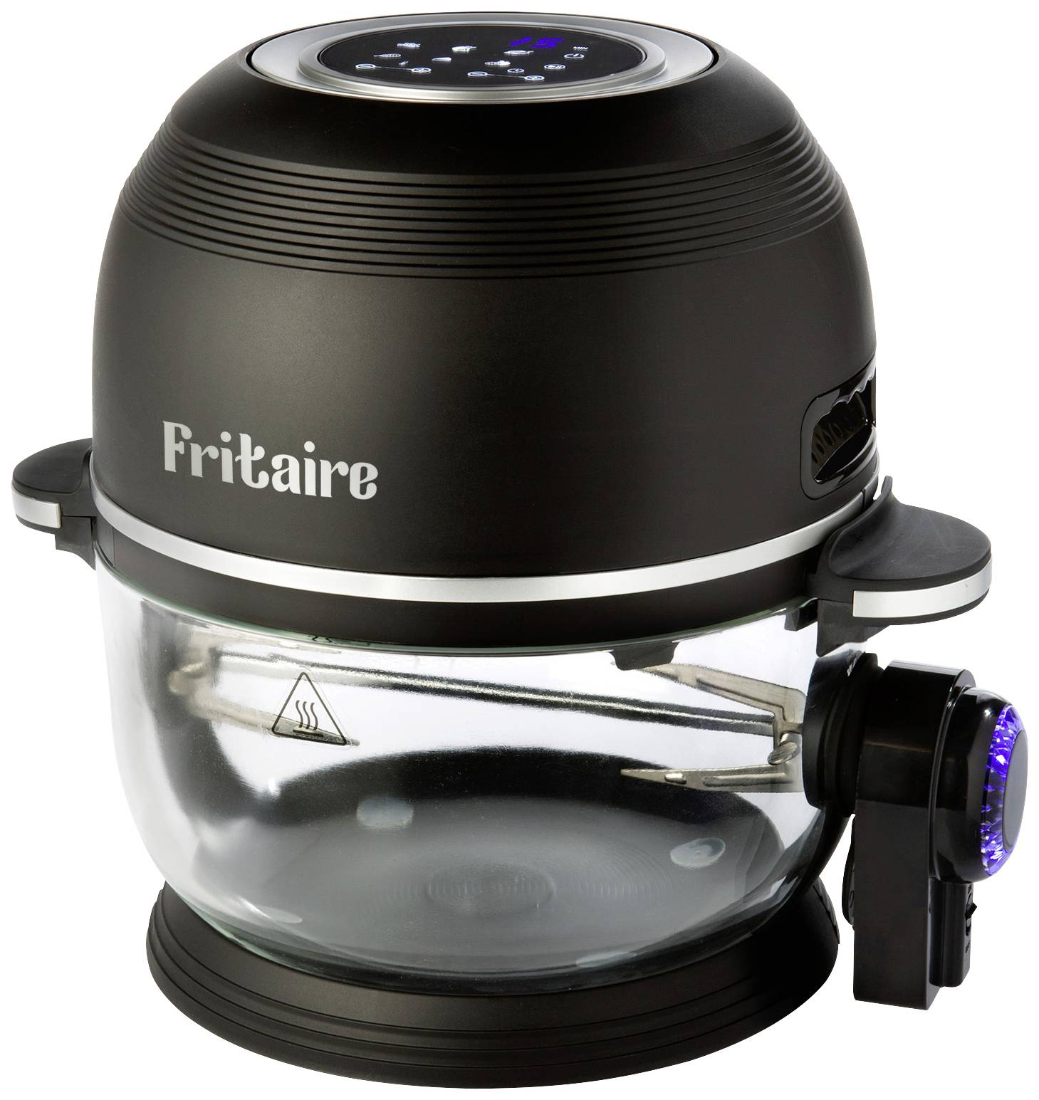 Svart luftfritös med genomskinlig glasbehållare och digitalt kontrollpanel på ovansidan. Varumärke 'Fritaire'.
