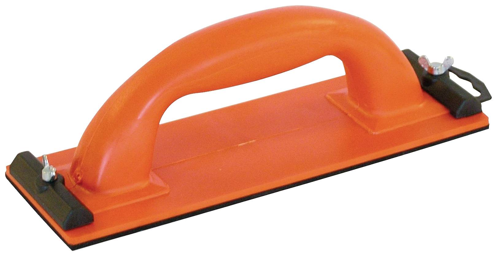 Ett rött slipverktyg med orange handtag ligger på en plan yta.