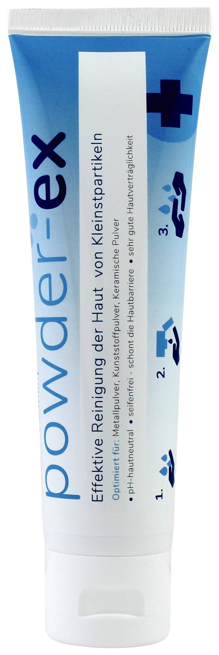 En tub märkt 'powder-ex', en produkt för effektiv rengöring av huden från mikropartiklar.