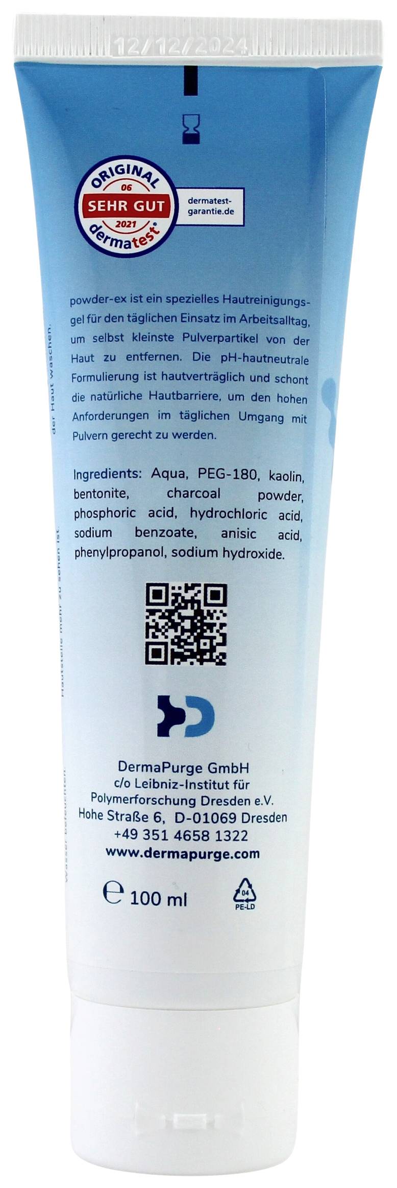 En blå tub med 100 ml specialschampo. Längst upp finns en försegling med 'MYCKET BRA'. Baksidan visar ingredienser, tillverkaruppgifter och QR-kod.