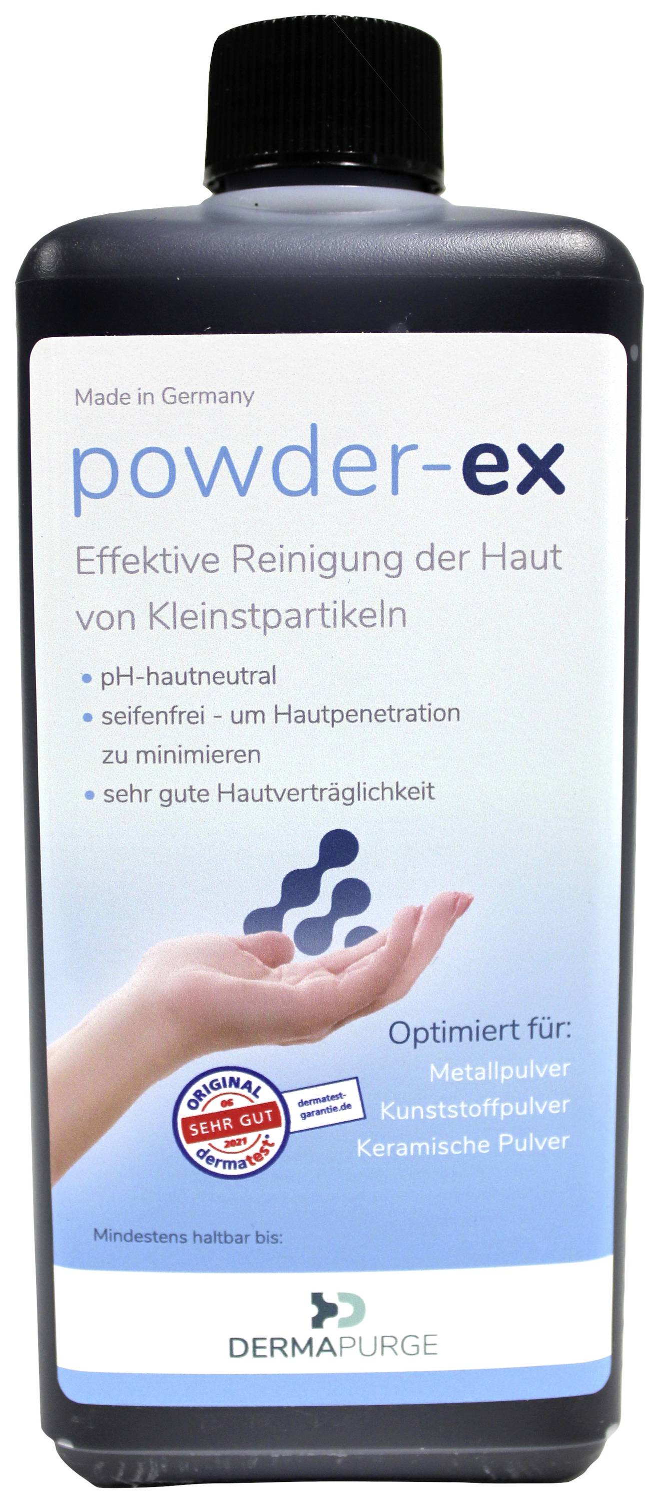 Flaska med 'powder-ex', en hudrenande lösning. Lovar pH-neutralitet och hudvänlighet. Lämplig för metaller och plaster.