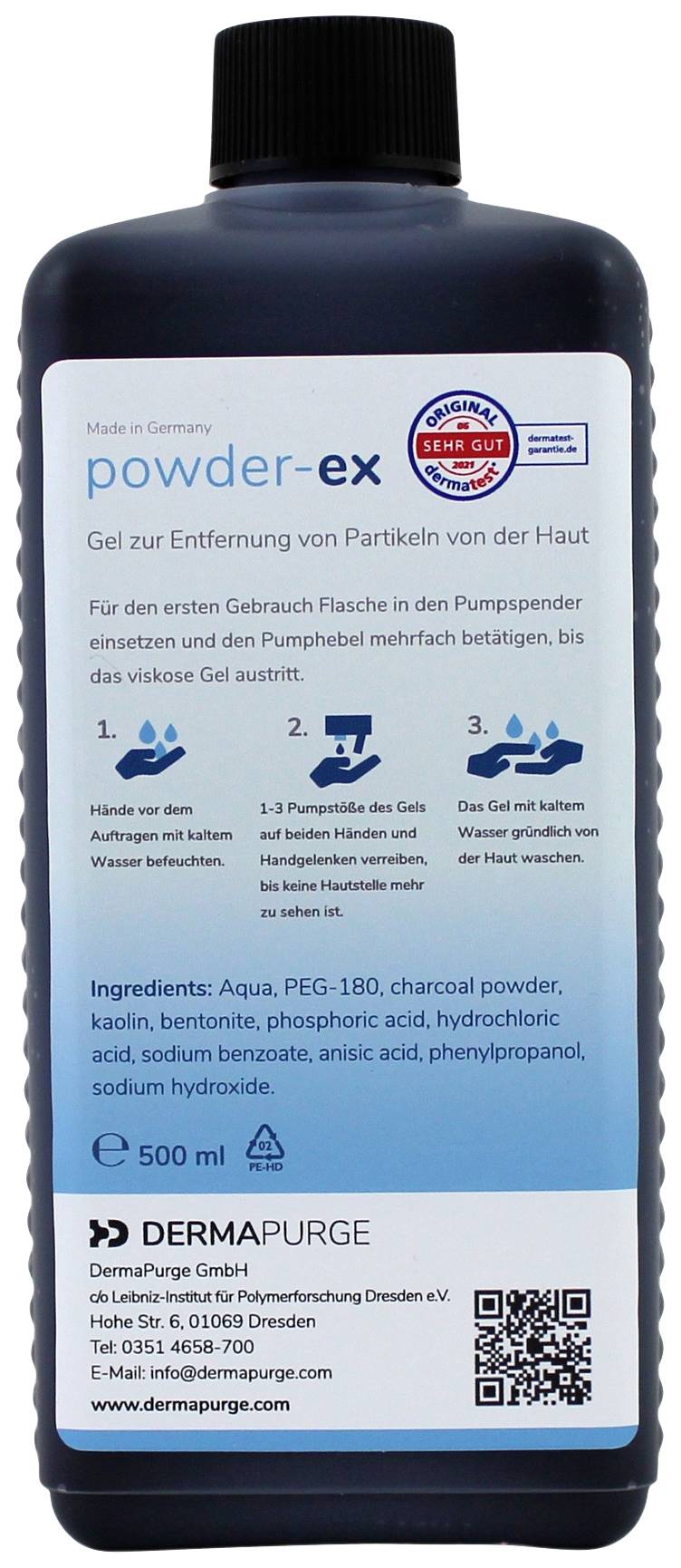 Flaska med 'powder-ex', ett gel för borttagning av partiklar från huden. Innehåller ingredienslista, bruksanvisning och tillverkaruppgifter. 500 ml.