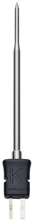 En K-typ termoelement med ett svart plasthandtag och en lång, tunn metallsensor för temperaturmätning.