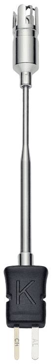 En silverfärgad undersökningsspets med svart plasthandtag och två metallstift i änden, typisk för strömkabel till kylutrustning.