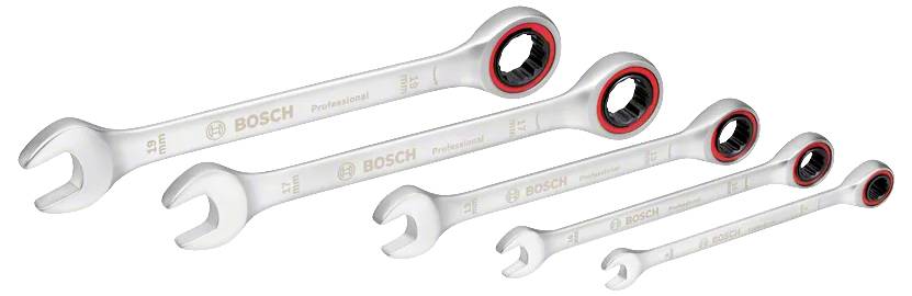 'En uppsättning om fem Bosch spärrnycklar i växande storlekar, arrangerade i en diagonal linje från minst till störst, med en silvrig finish.'