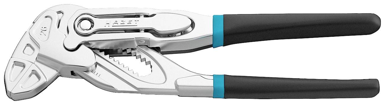 Silvrig och svart gripverktyg med blå accenter, lämplig för olika storlekar genom justerbar mekanism.