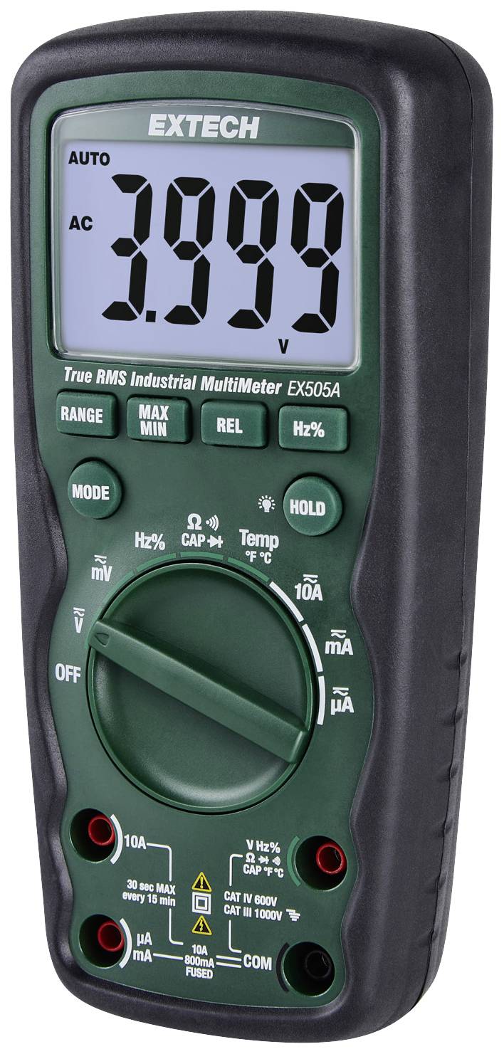 Digital multimeter med stort display som visar '3.999', funktioner för spänning och ström, omgiven av mätkategori-valknappar.