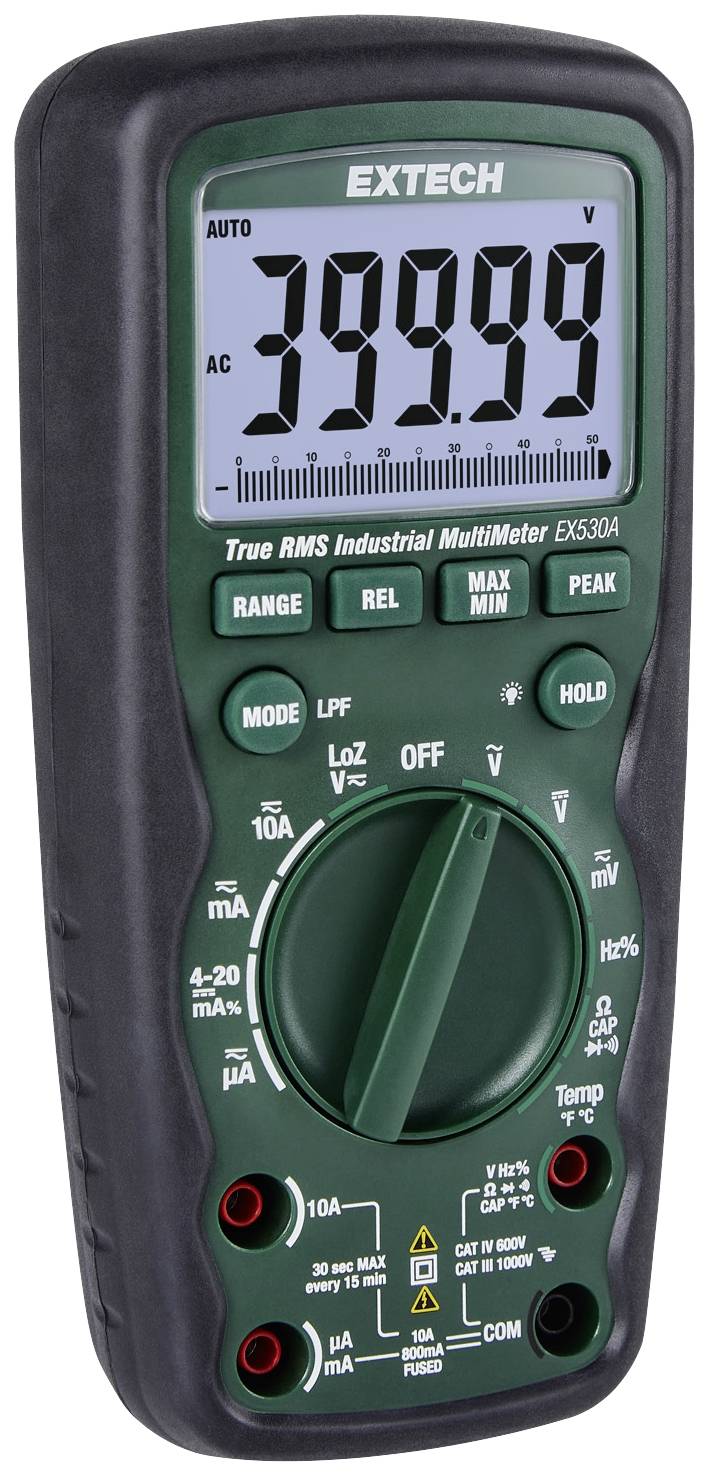 Digitalt multimeter visar '399.99 V' på displayen. Varumärkets namn längst upp. Olika mätlägen och inställningar synliga på framsidan.