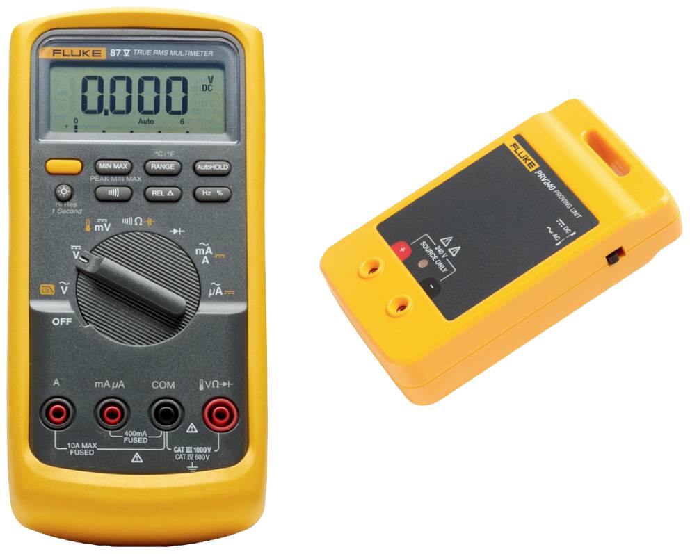 Multimeter och isolationstestare i lysande orange, till vänster multimetern med digitalskärm och vridreglage, till höger testinstrumentet.