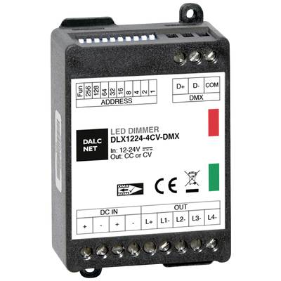 LED-dimmermodul med beteckningen 'DLX1224-4CV-DMX' för 12-24V insignalspänning. Manöverpanel för DMX-styrning synlig.