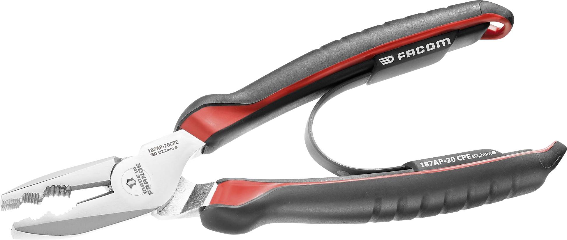 En röd och svart tång med ergonomiska handtag och varumärket 'Facom' som är lämplig för att greppa och klippa trådar.