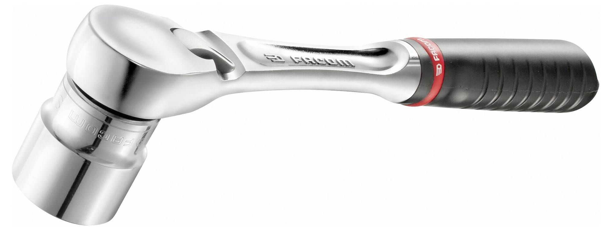 Metallisk skiftnyckel med ergonomiskt handtag och avtagbar hylsinsats, avsedd för mekaniskt arbete.