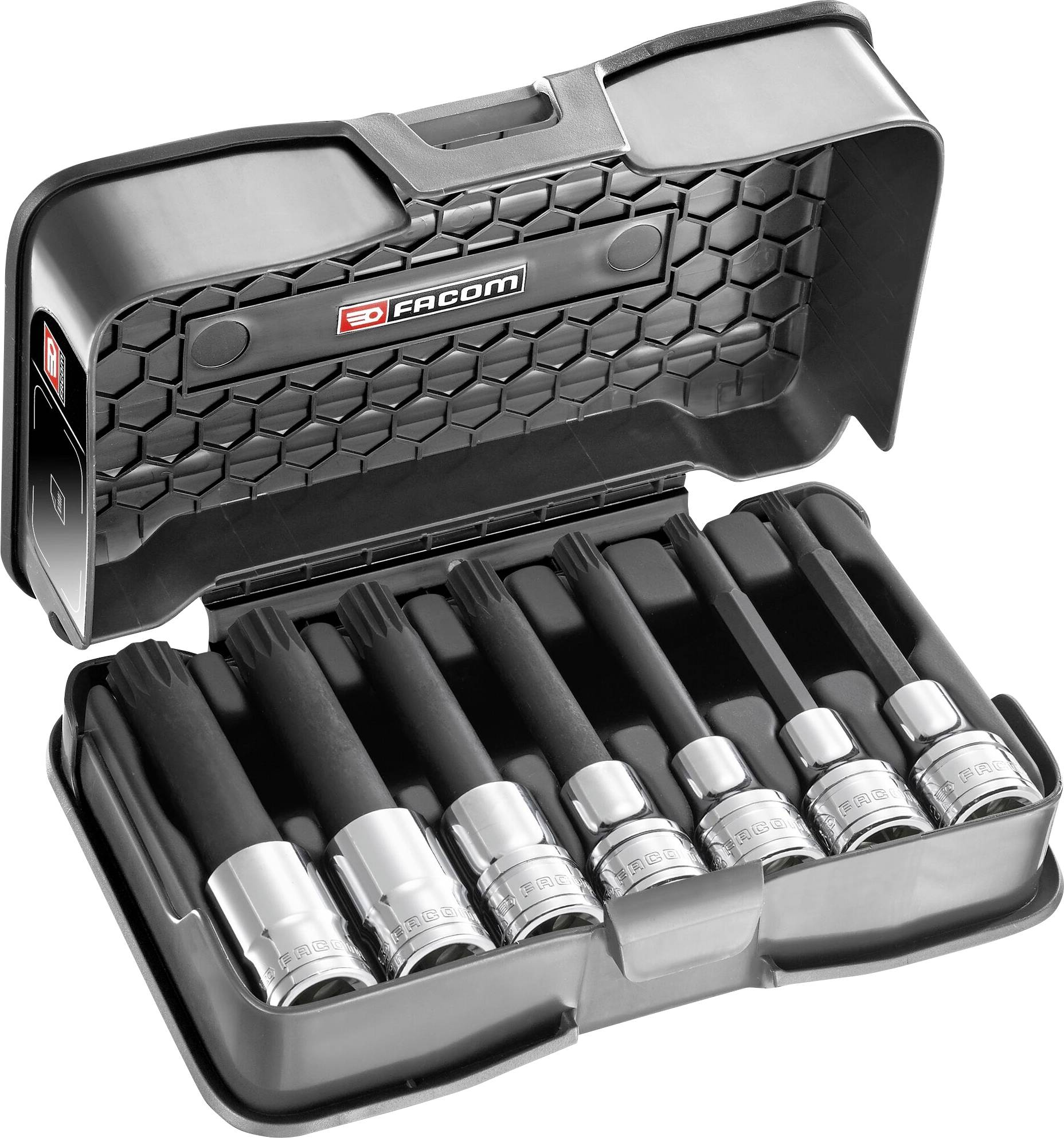 En uppsättning sexkantnycklar i en svart, öppen plastlåda. Varje nyckel har ett silvergrå handtag och svarta skaft.