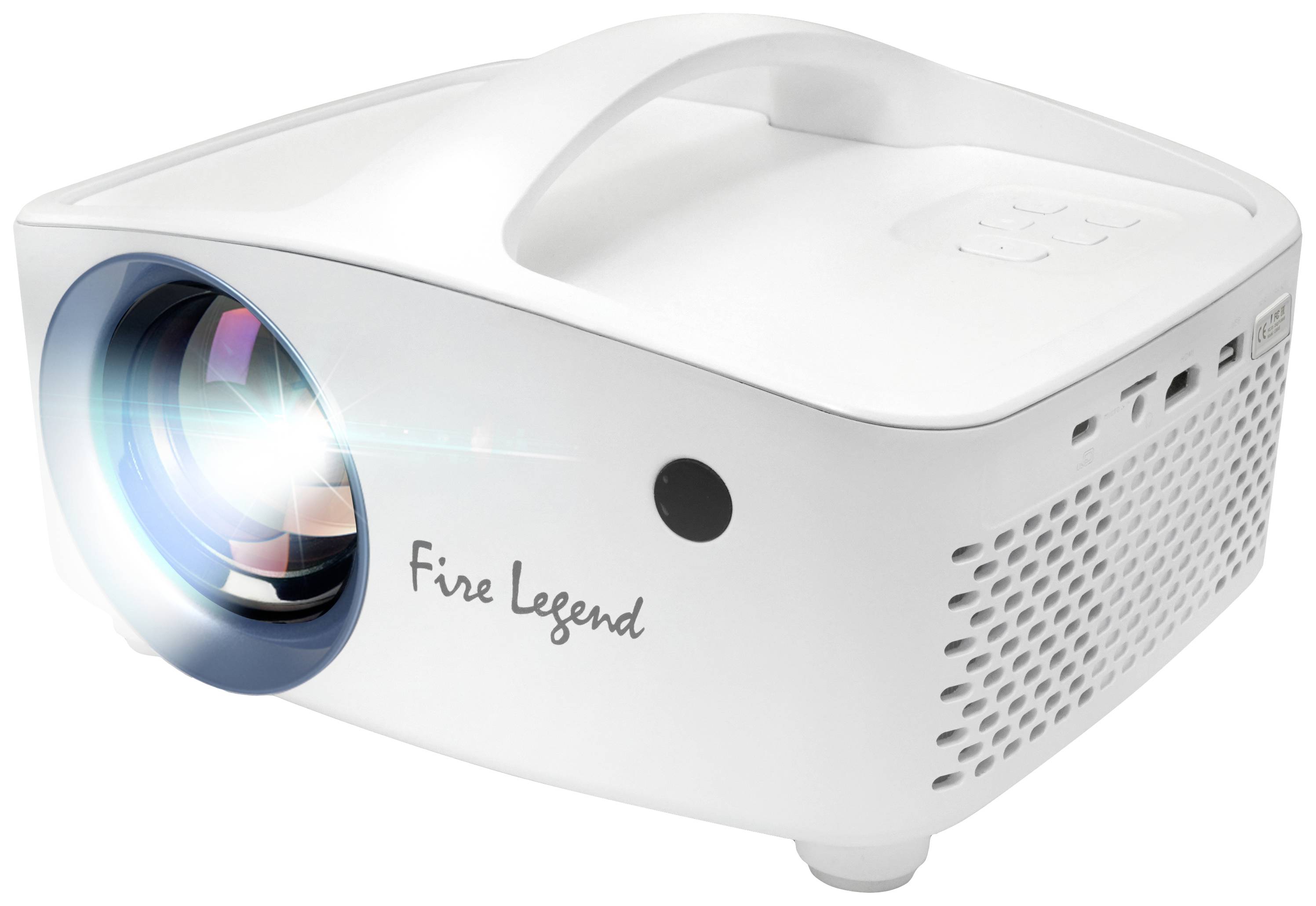 Vit bärbar projektor märkt 'Fire Legend', som visar en lysande ljusstråle.