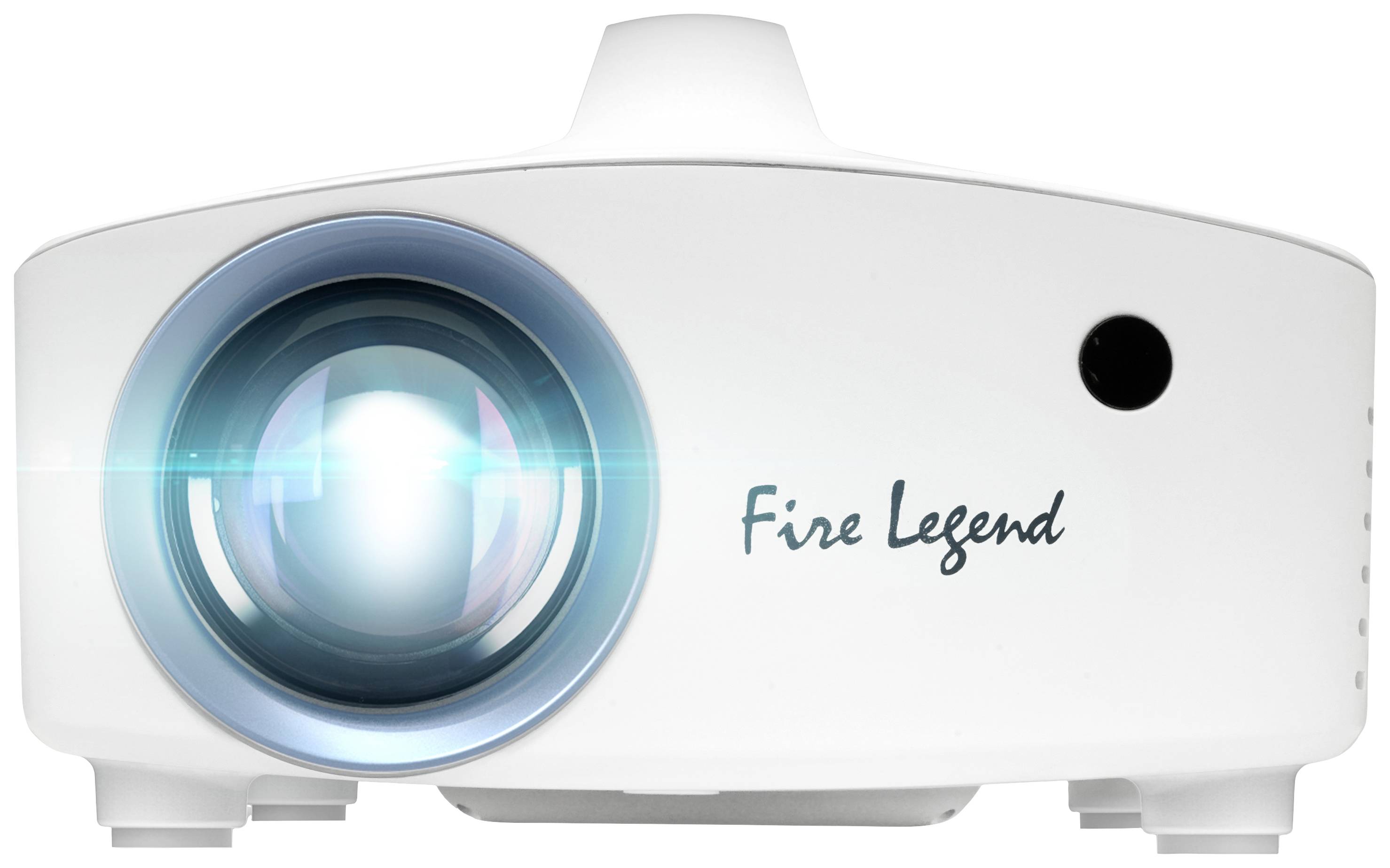 En vit projektor med texten 'Fire Legend' som lyser mot betraktaren.