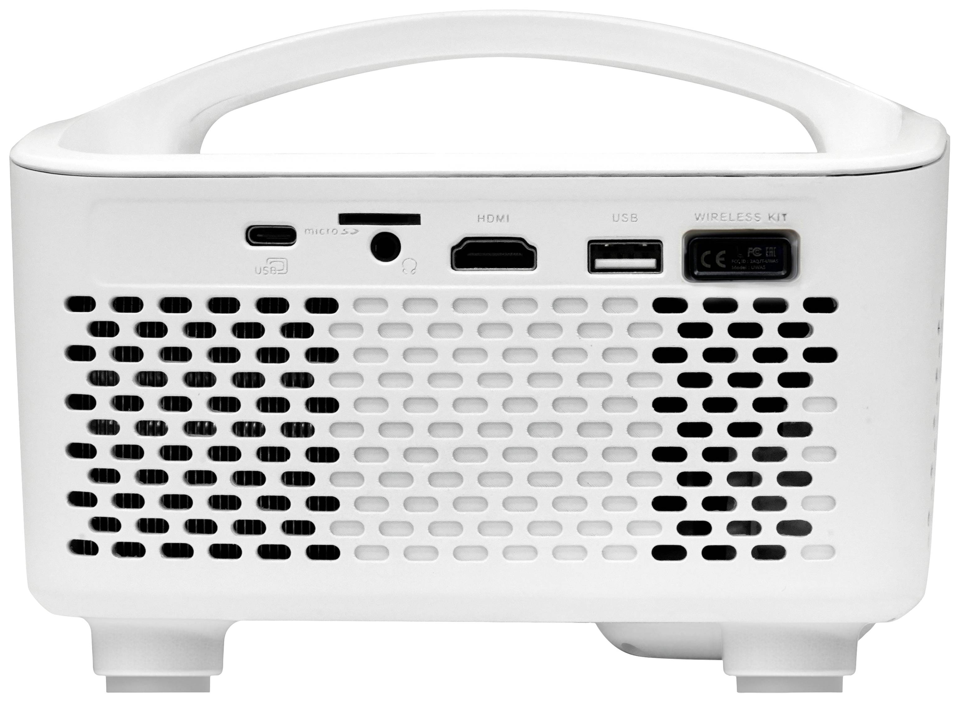 Vit bärbar högtalare med handtag. Baksidan visar anslutningar: USB, HDMI, strömuttag och ventilationsspår.