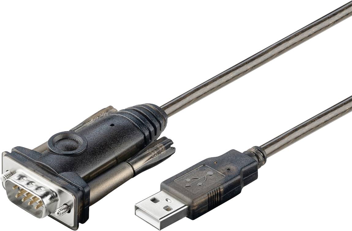 USB-till-seriell adapterkabel med en USB-A-kontakt och en DB9-kontakt, lämplig för anslutning av seriella enheter till USB-portar.