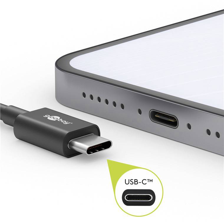 En smartphone med en USB-C-port är delvis synlig. Bredvid ligger en USB-C-kabel med en detaljbild av kontakttypen.