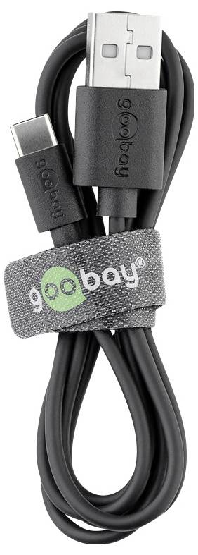 Svart USB-kabel med USB-A- och USB-C-kontakter, sammanhållen av ett grått kardborreband med texten 'goobay'.