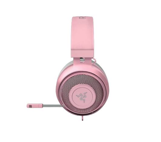 Ett rosa gaming-headset med mikrofon, lämpligt för datorspel och kommunikation.