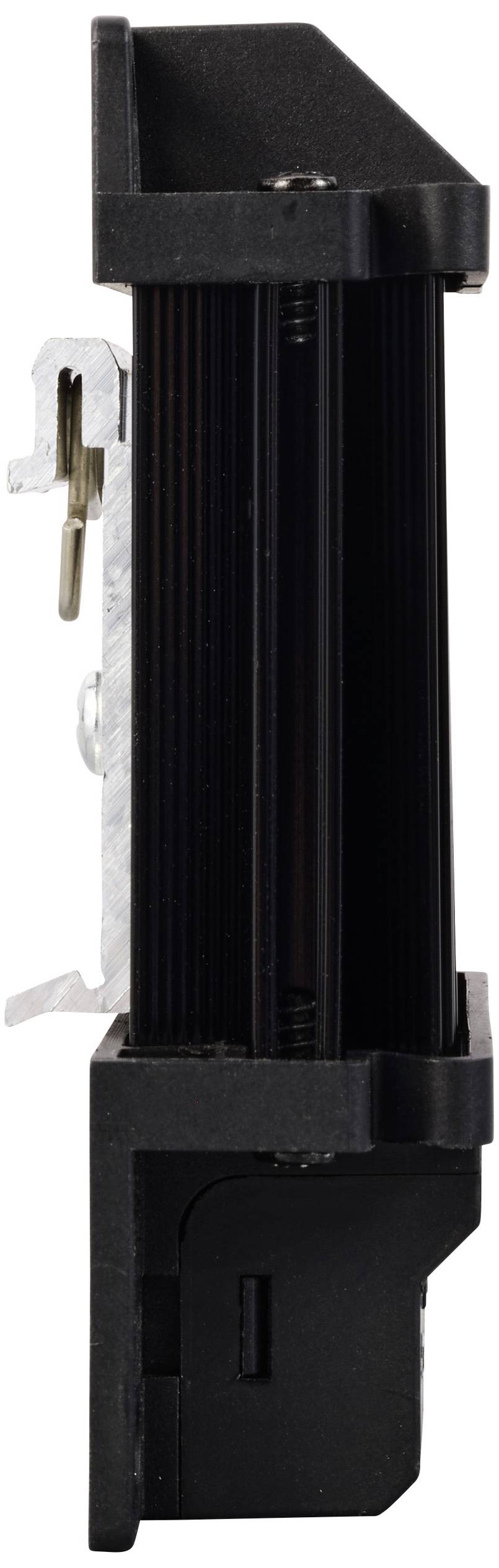 Ett smalt, stående svart föremål med metalldelar och skruvar, sannolikt en teknisk komponent.