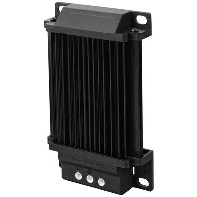 En svart radiator med vertikala lameller; kompakt rektangulär form, fästhål i hörnen, anslutningar nedtill.