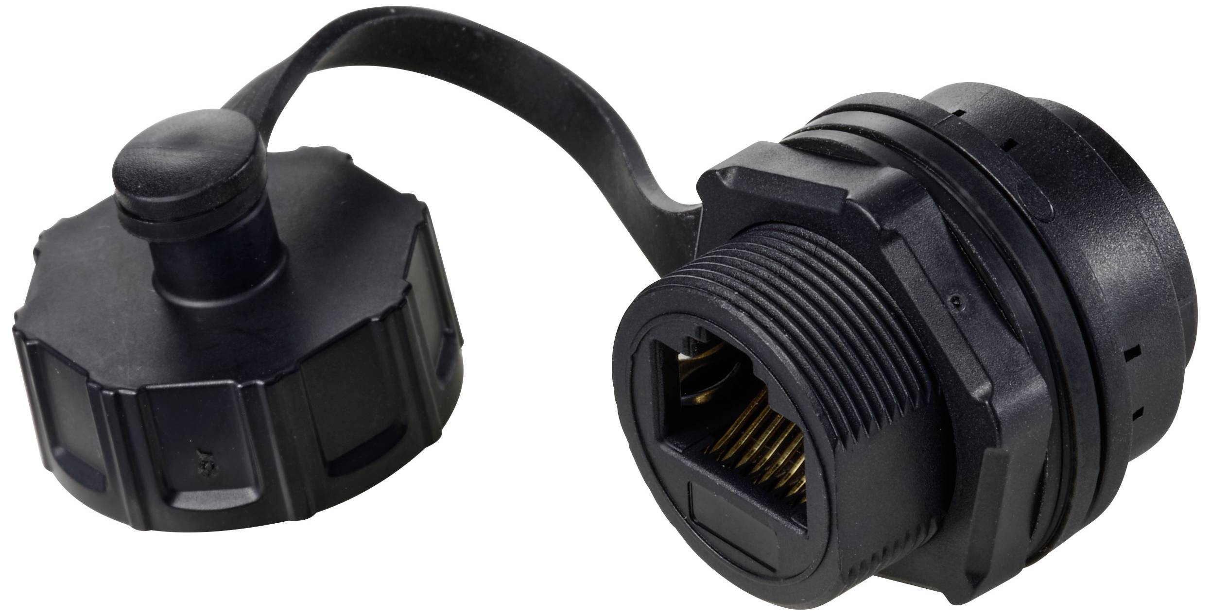 Vattentät RJ45-nätverksanslutning med avtagbart skyddshölje och robust design, lämplig för krävande miljöer.