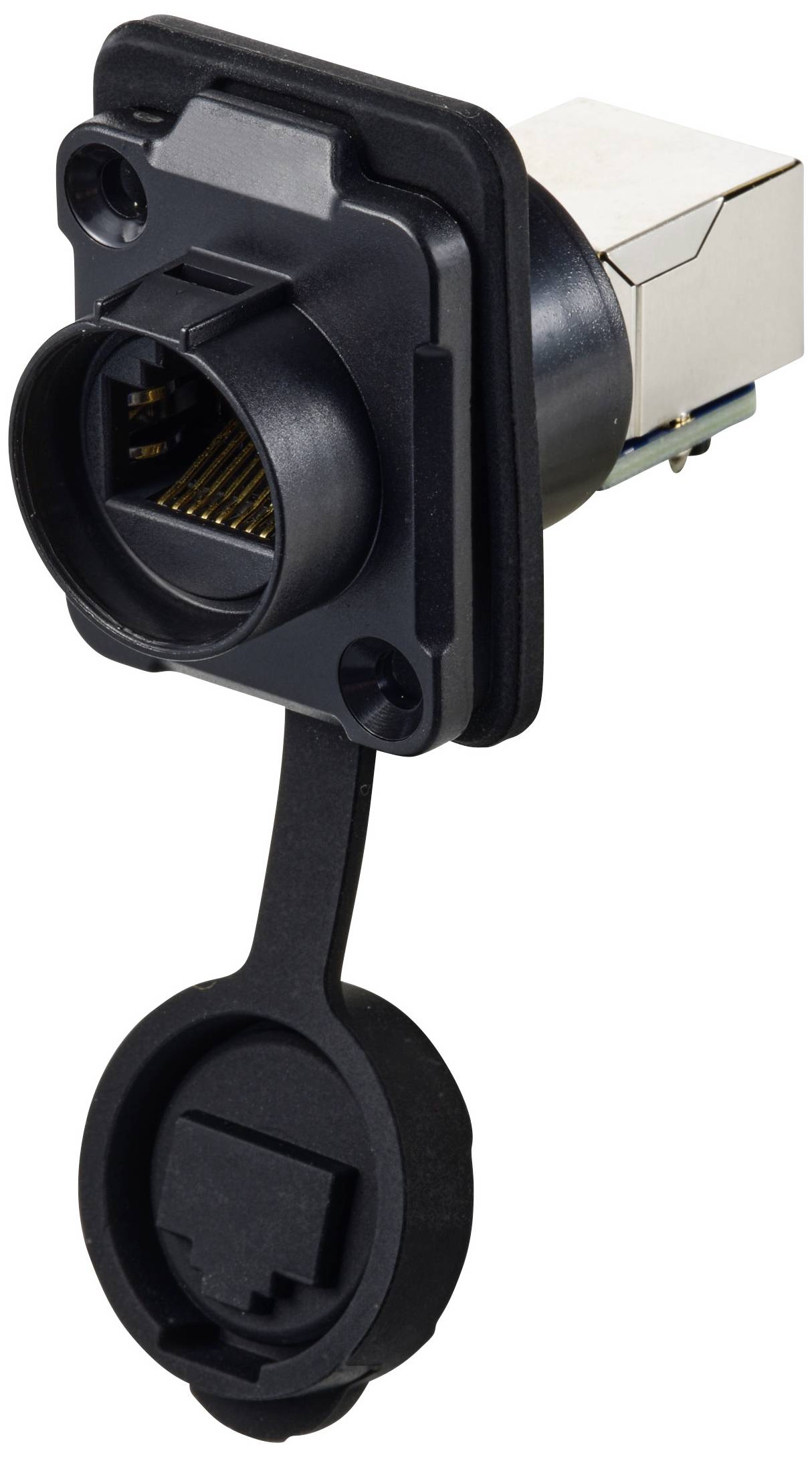 En svart RJ45-nätverksanslutning med dammskyddskåpa, monterad på en rektangulär platta.