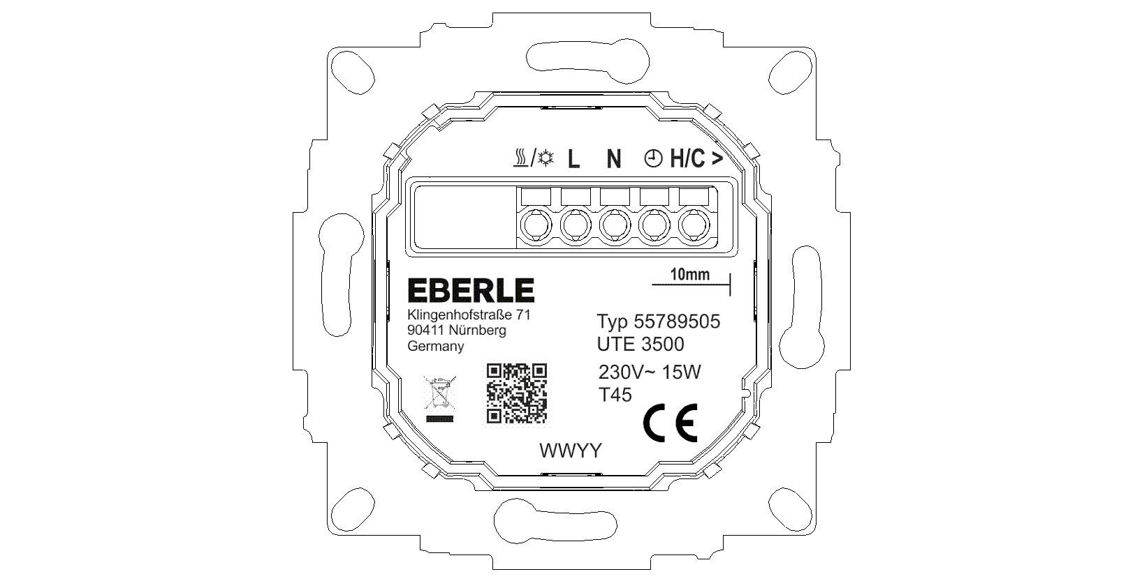 Elektrisk väggtermostat från Eberle, modell UTE 3500, lämplig för 230V, 15W. Visar anslutningar och tekniska detaljer.