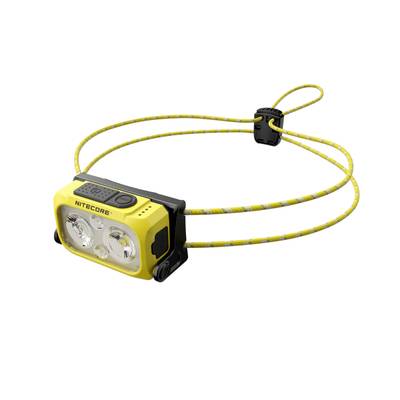 Liten, gul pannlampa med två runda LED-lampor och ett gult-svart elastiskt band; perfekt för utomhusaktiviteter.