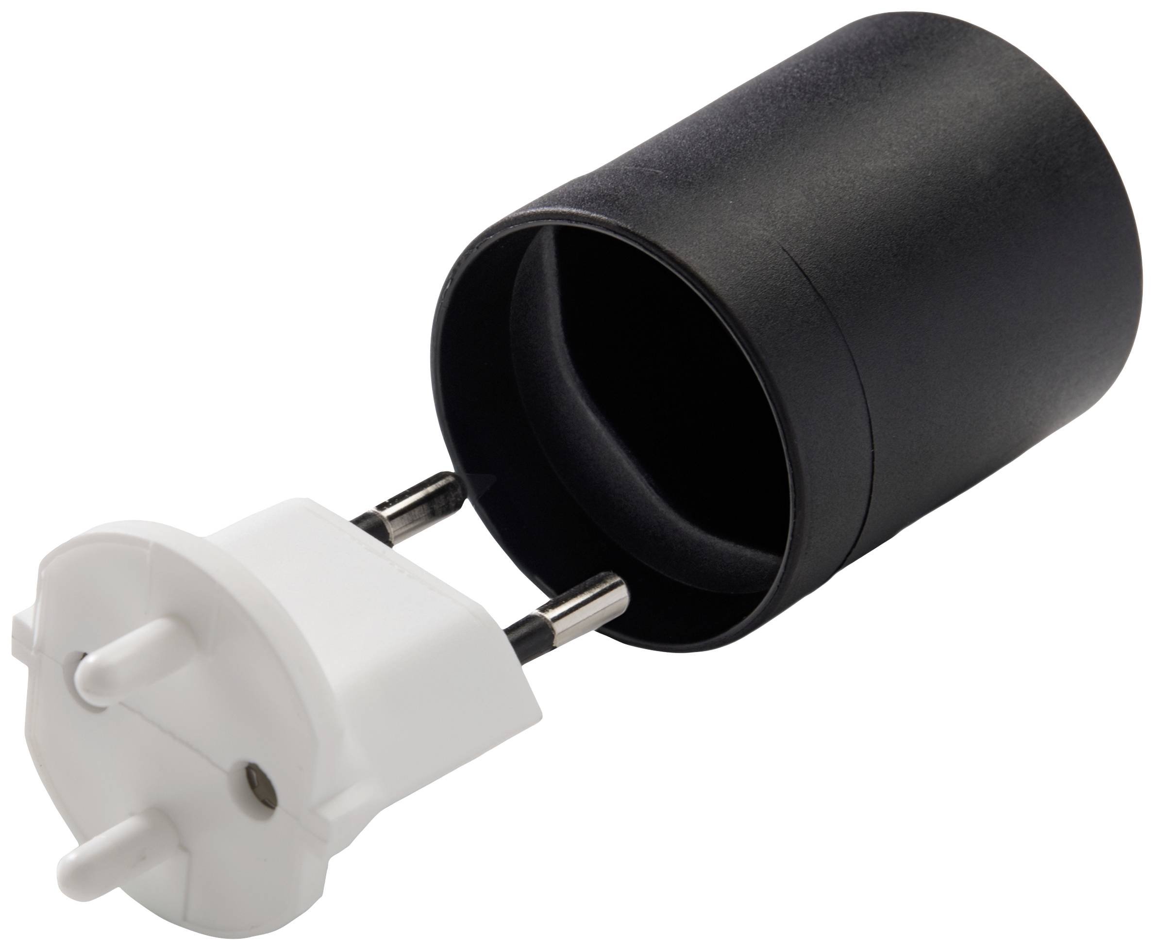 En svart adapter med europeisk kontakt och två runda stift, lämplig för anslutning till eluttag.