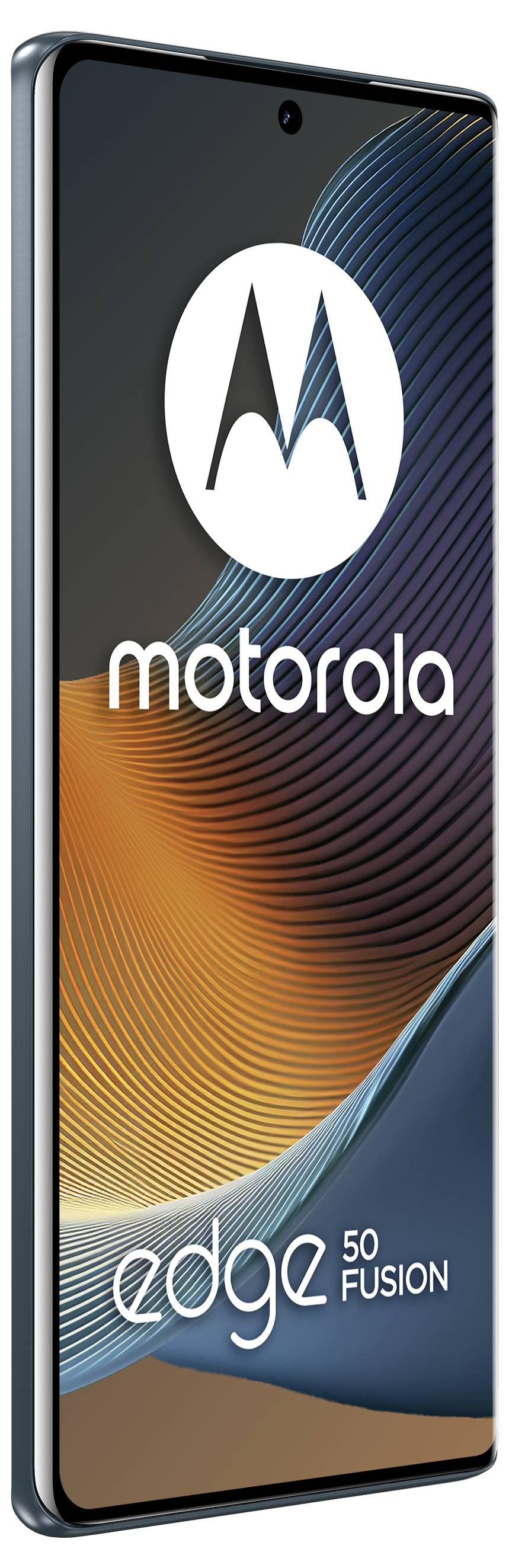 Smartphone med böjd skärm som visar "motorola edge 50 fusion". Bakgrunden har abstrakta orange och blå vågmönster.