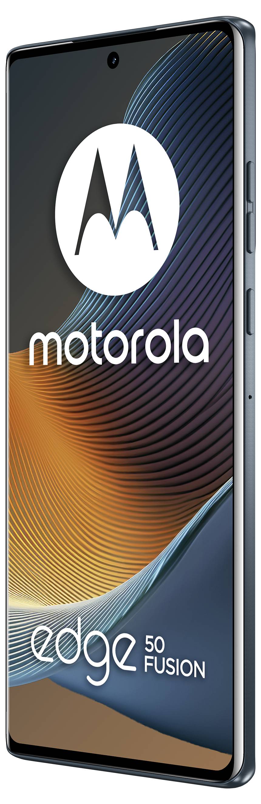 Bilden visar en Motorola Edge 50 Fusion-smartphone med en stor display, som har Motorola-logotypen och branding på skärmen.